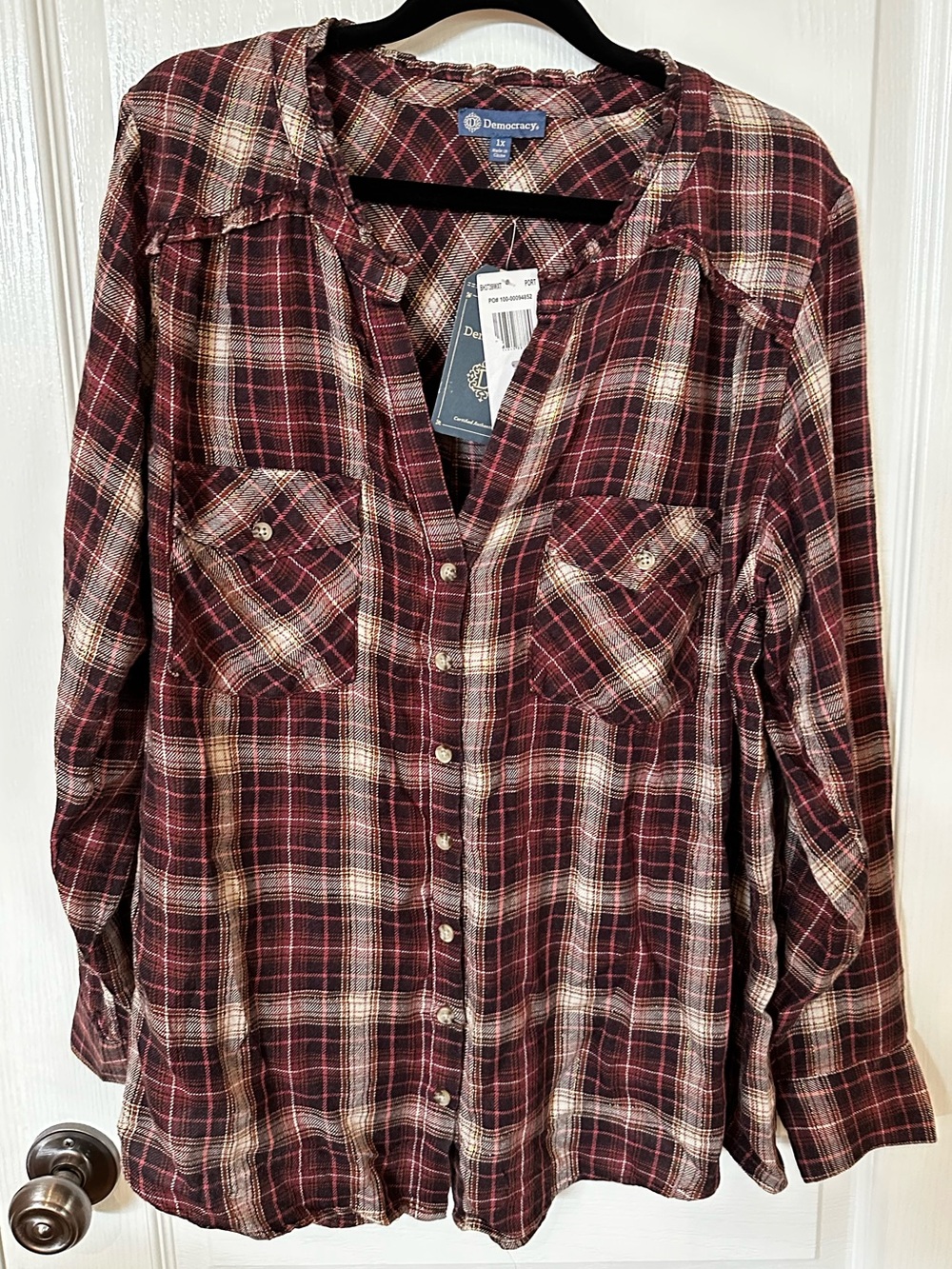 DEMOCRACY size 1X Burgundy Gold Button Up Flannel Shirt NEW retail $78